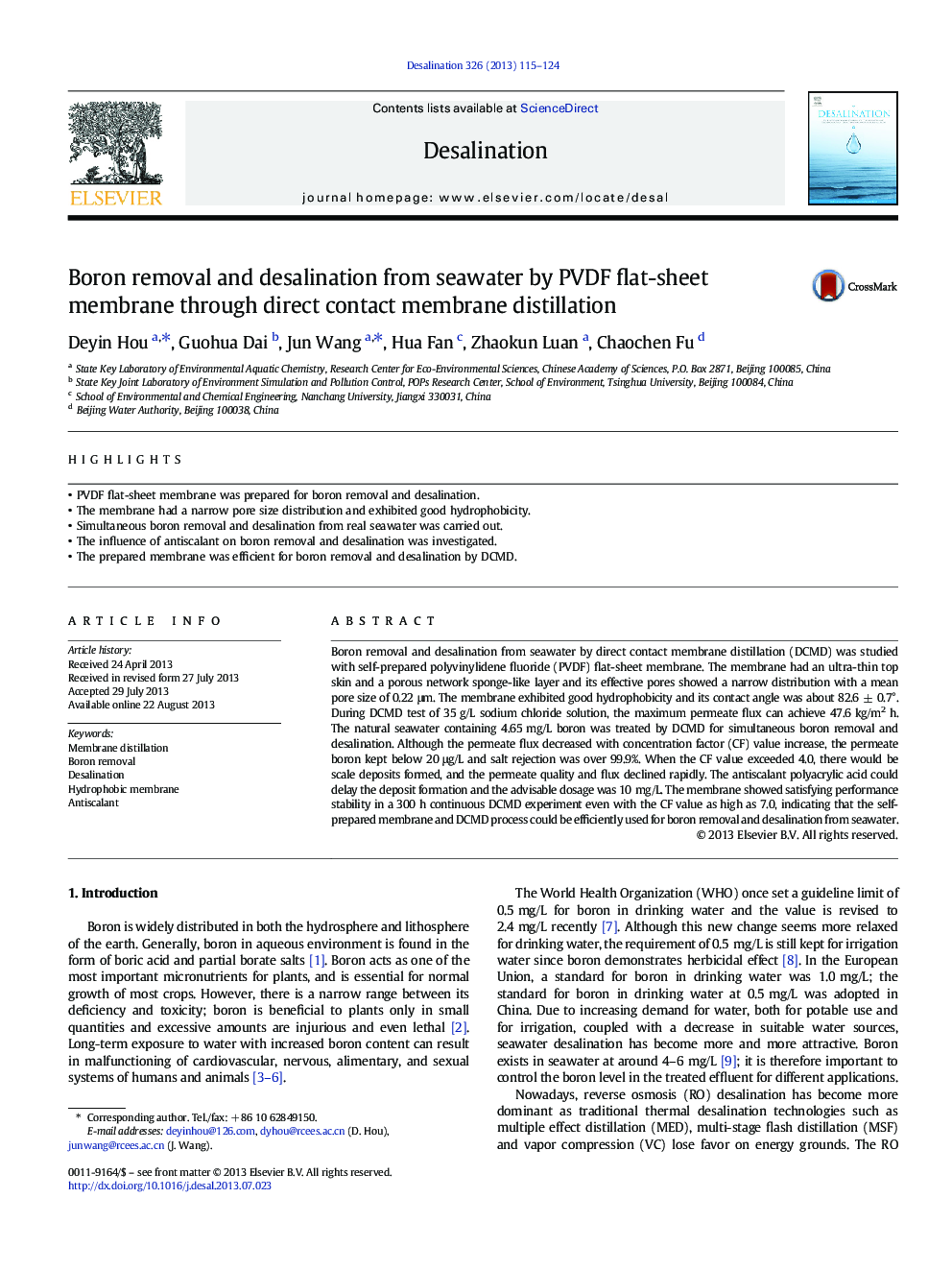 Boron removal and desalination from seawater by PVDF flat-sheet membrane through direct contact membrane distillation