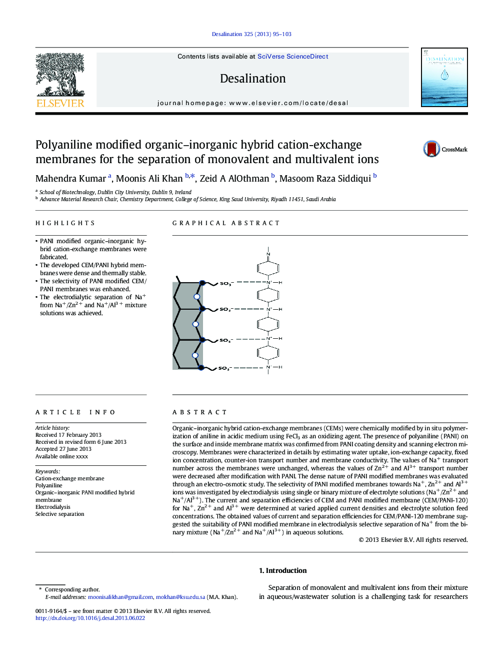 Polyaniline modified organic-inorganic hybrid cation-exchange membranes for the separation of monovalent and multivalent ions