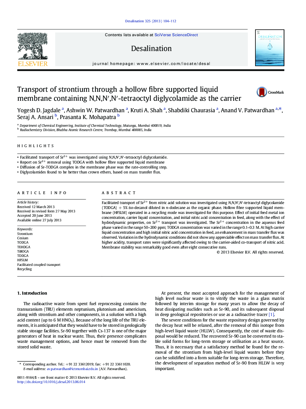 Transport of strontium through a hollow fibre supported liquid membrane containing N,N,Nâ²,Nâ²-tetraoctyl diglycolamide as the carrier