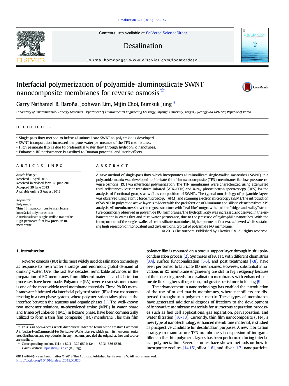 Interfacial polymerization of polyamide-aluminosilicate SWNT nanocomposite membranes for reverse osmosis