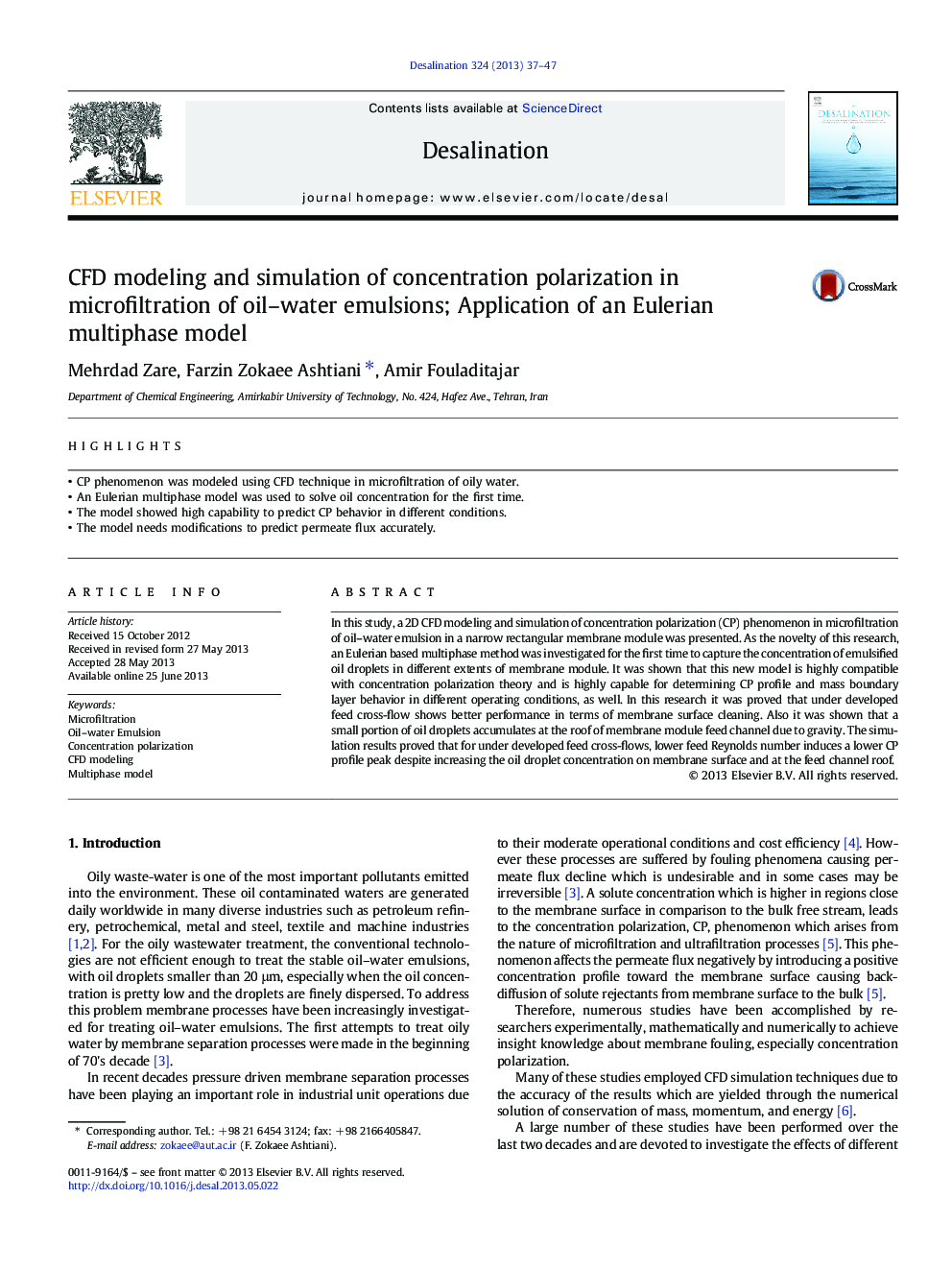 CFD modeling and simulation of concentration polarization in microfiltration of oil-water emulsions; Application of an Eulerian multiphase model