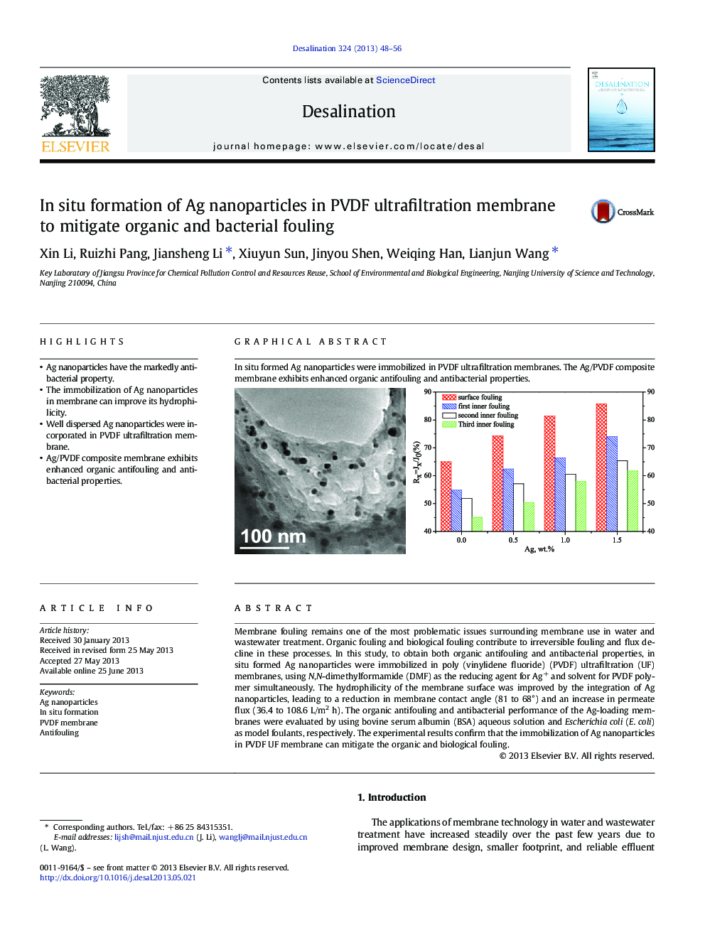 In situ formation of Ag nanoparticles in PVDF ultrafiltration membrane to mitigate organic and bacterial fouling