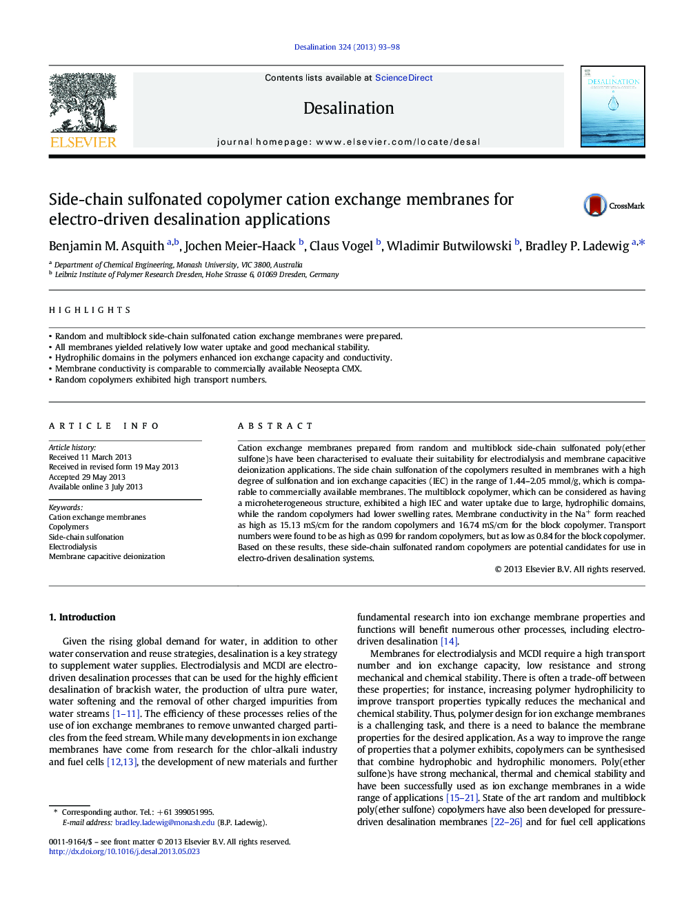 Side-chain sulfonated copolymer cation exchange membranes for electro-driven desalination applications