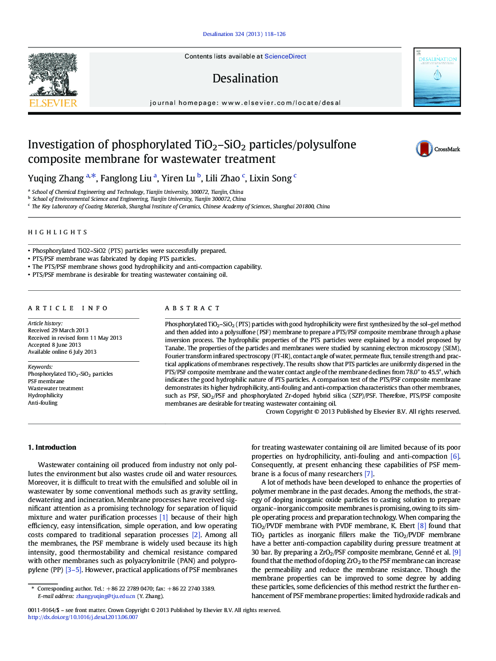 Investigation of phosphorylated TiO2-SiO2 particles/polysulfone composite membrane for wastewater treatment