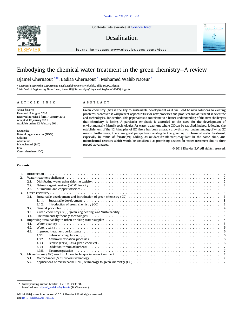 Embodying the chemical water treatment in the green chemistry-A review