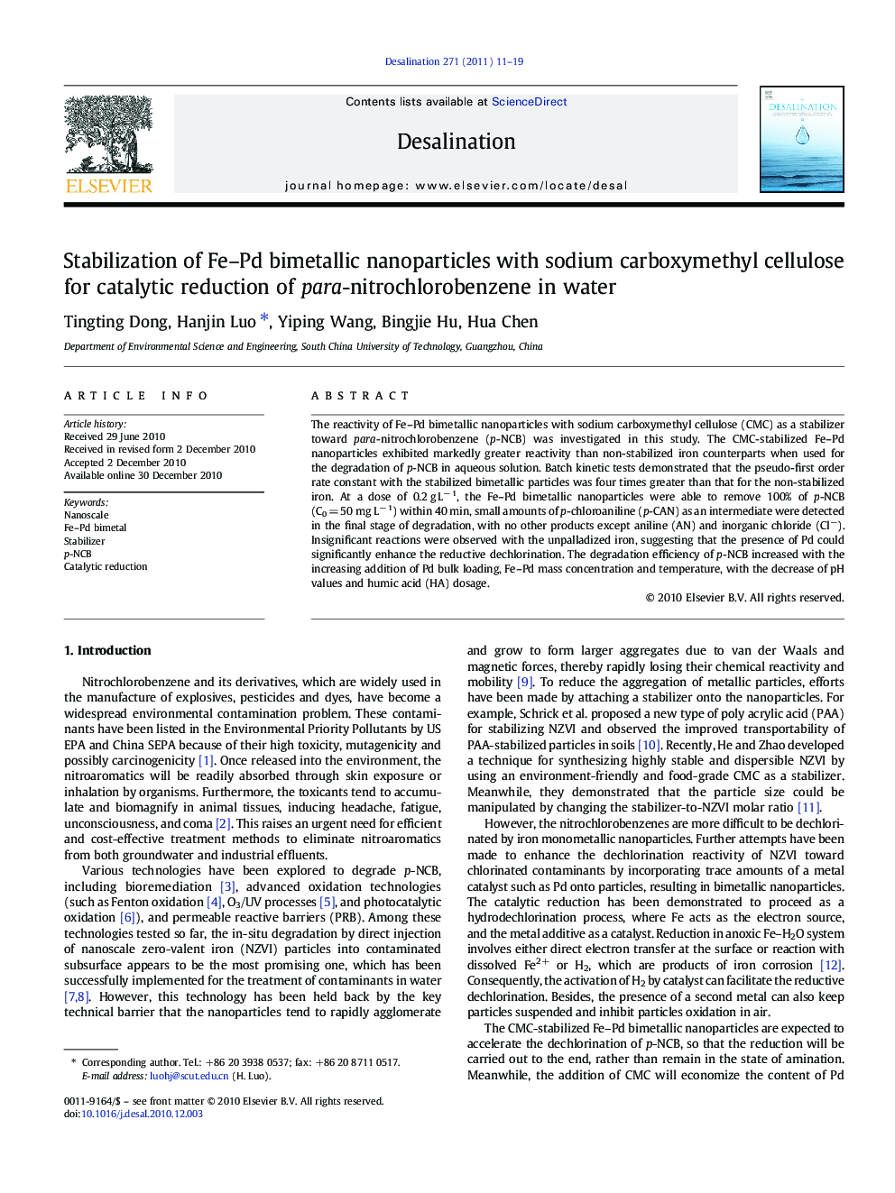 Stabilization of Fe-Pd bimetallic nanoparticles with sodium carboxymethyl cellulose for catalytic reduction of para-nitrochlorobenzene in water