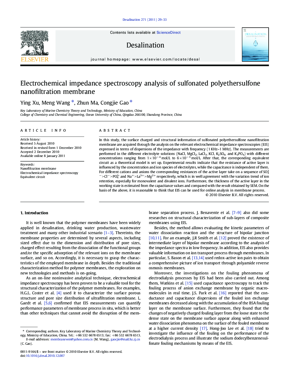 Electrochemical impedance spectroscopy analysis of sulfonated polyethersulfone nanofiltration membrane