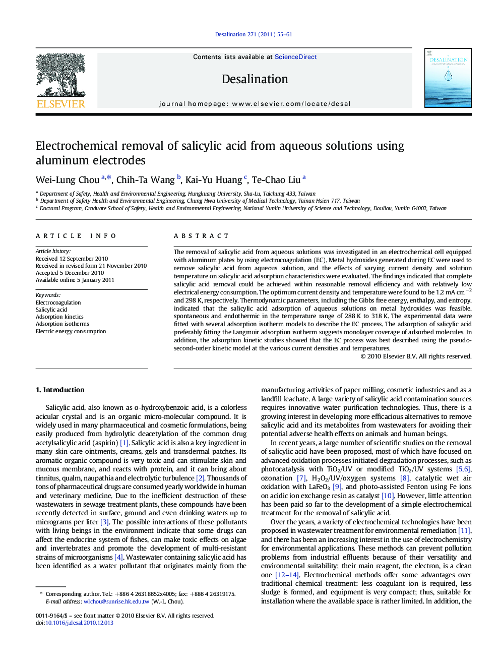 Electrochemical removal of salicylic acid from aqueous solutions using aluminum electrodes