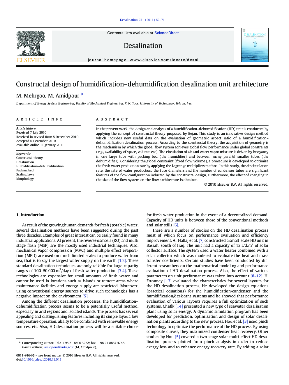 Constructal design of humidification-dehumidification desalination unit architecture