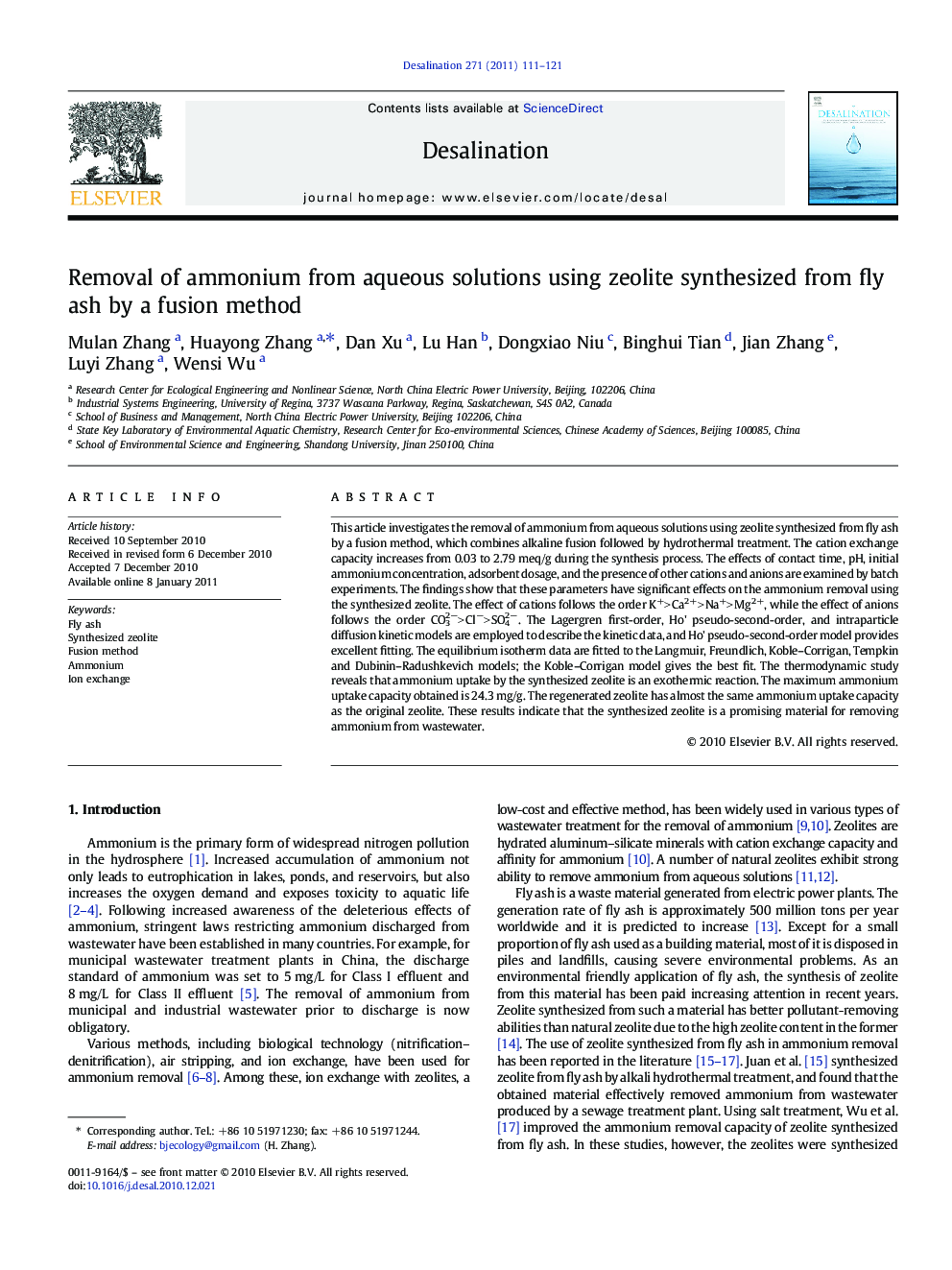 Removal of ammonium from aqueous solutions using zeolite synthesized from fly ash by a fusion method