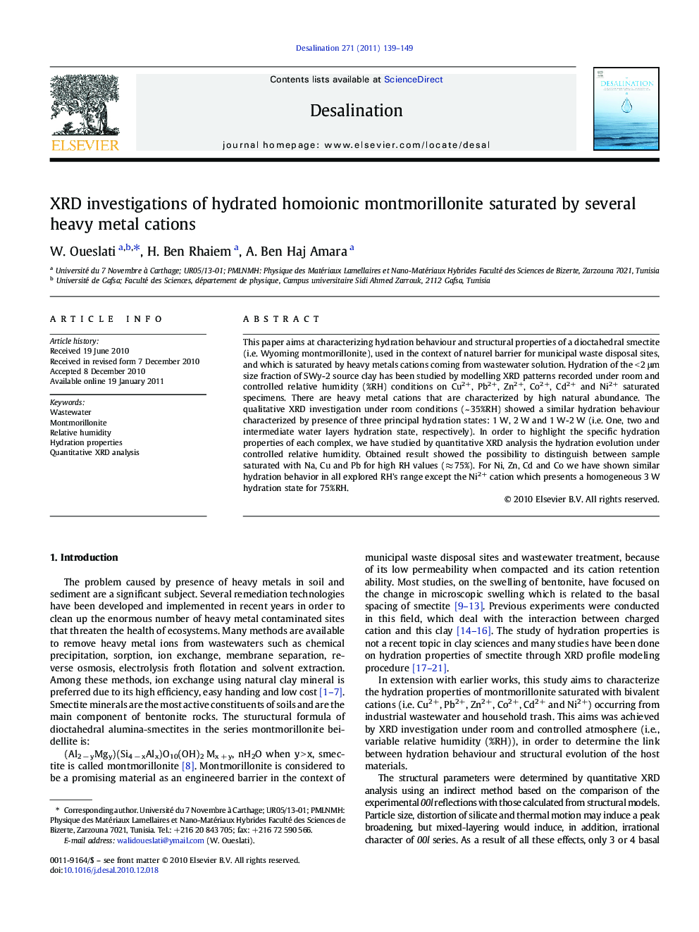 XRD investigations of hydrated homoionic montmorillonite saturated by several heavy metal cations