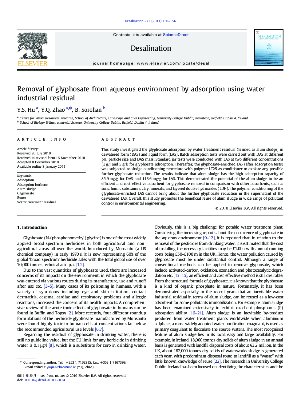 Removal of glyphosate from aqueous environment by adsorption using water industrial residual