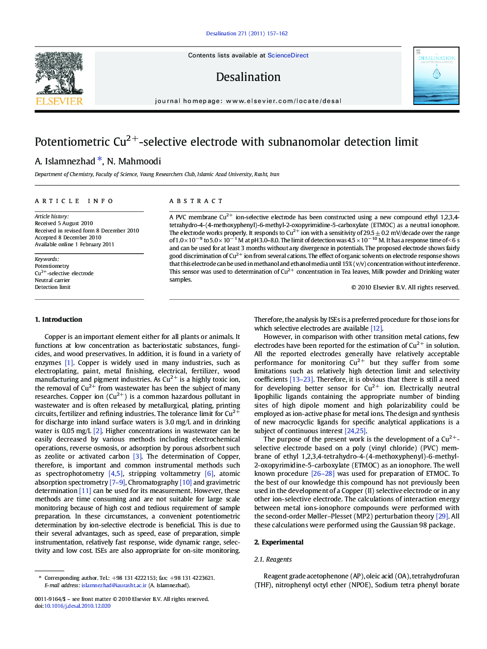 Potentiometric Cu2+-selective electrode with subnanomolar detection limit