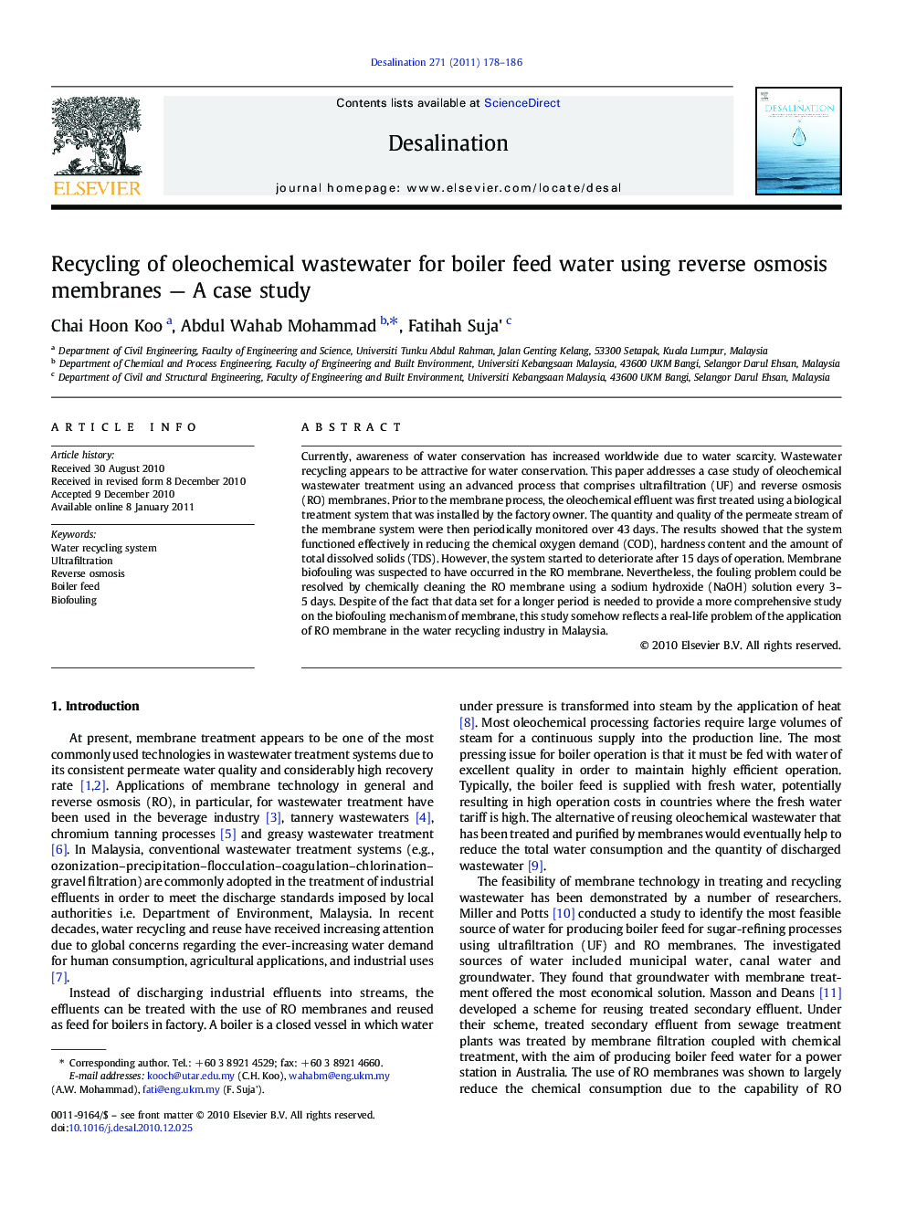 Recycling of oleochemical wastewater for boiler feed water using reverse osmosis membranes - A case study