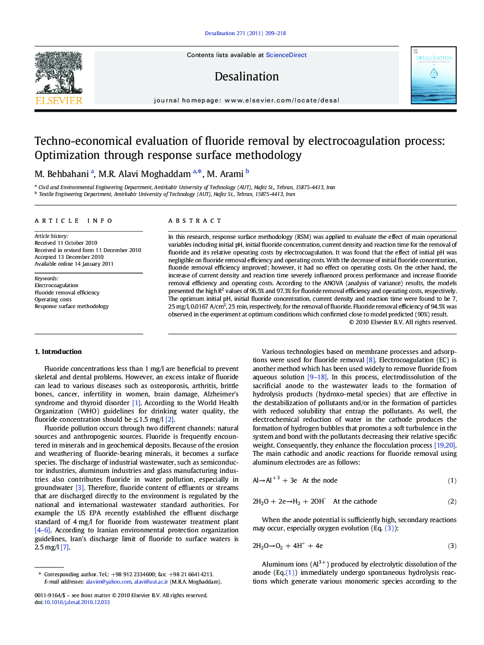 Techno-economical evaluation of fluoride removal by electrocoagulation process: Optimization through response surface methodology