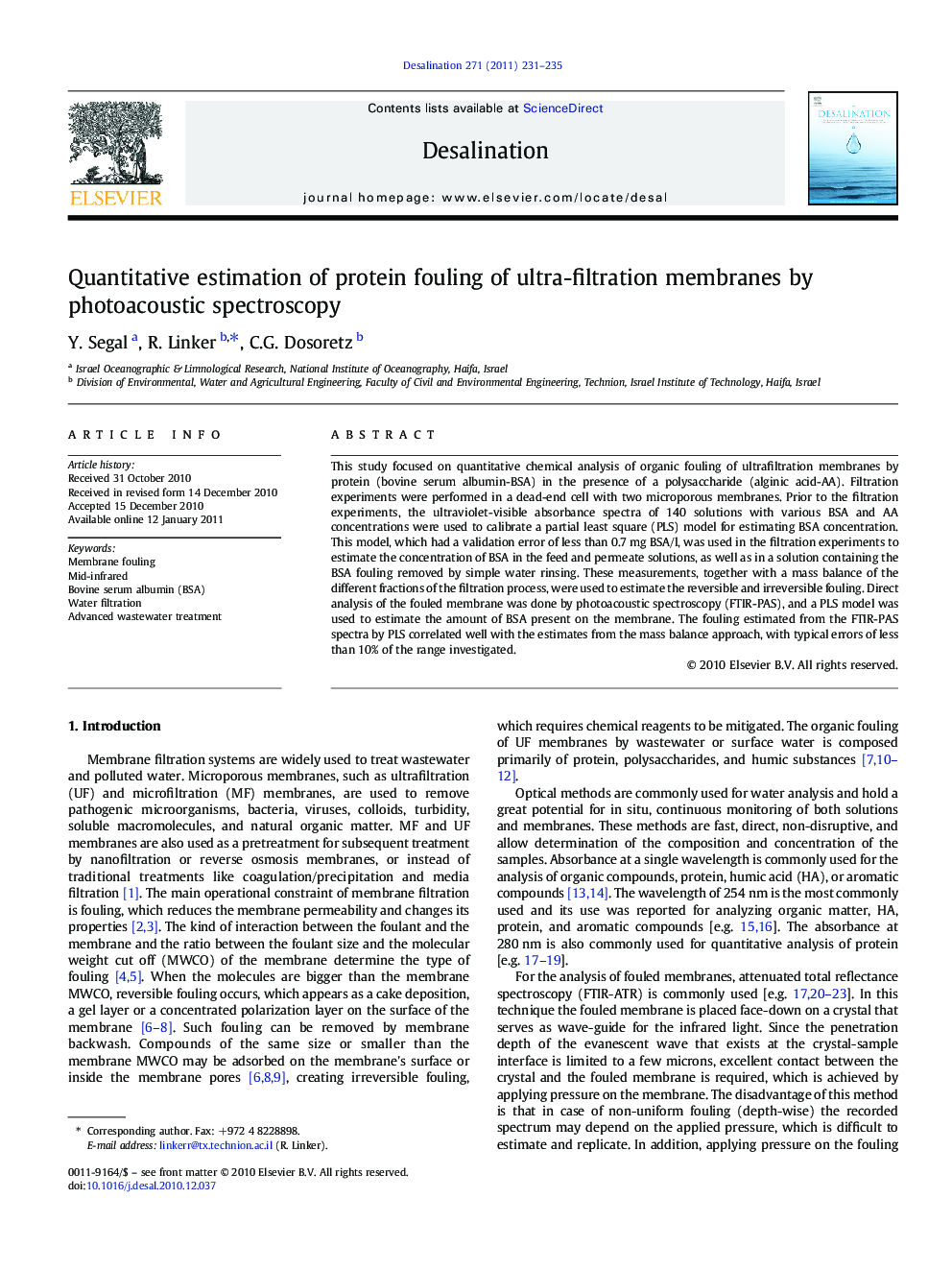 Quantitative estimation of protein fouling of ultra-filtration membranes by photoacoustic spectroscopy