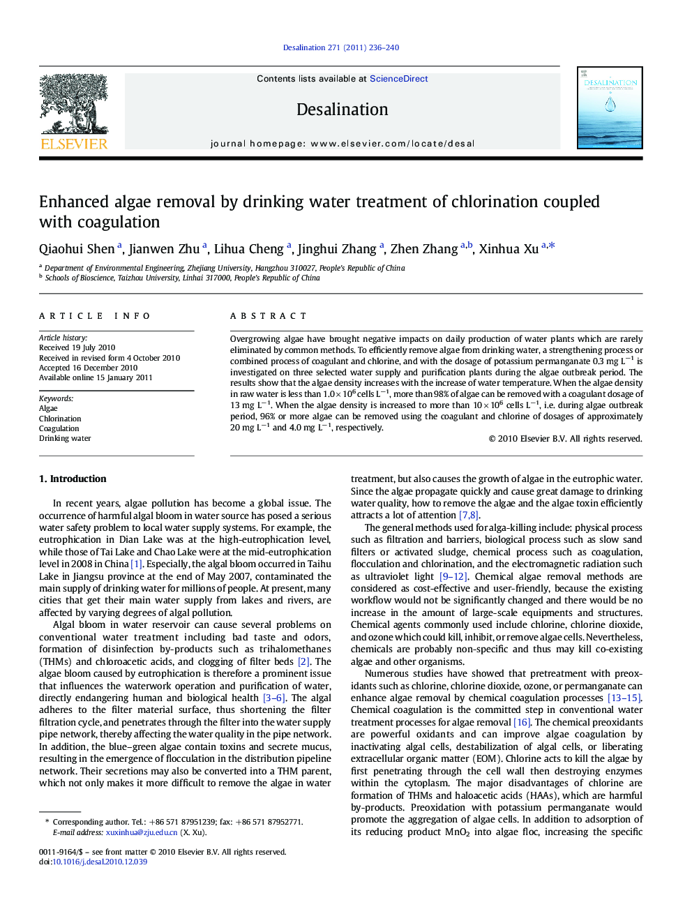 Enhanced algae removal by drinking water treatment of chlorination coupled with coagulation