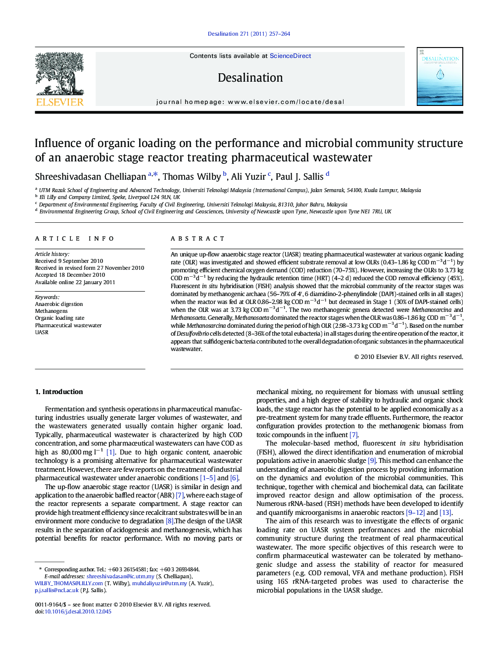 Influence of organic loading on the performance and microbial community structure of an anaerobic stage reactor treating pharmaceutical wastewater