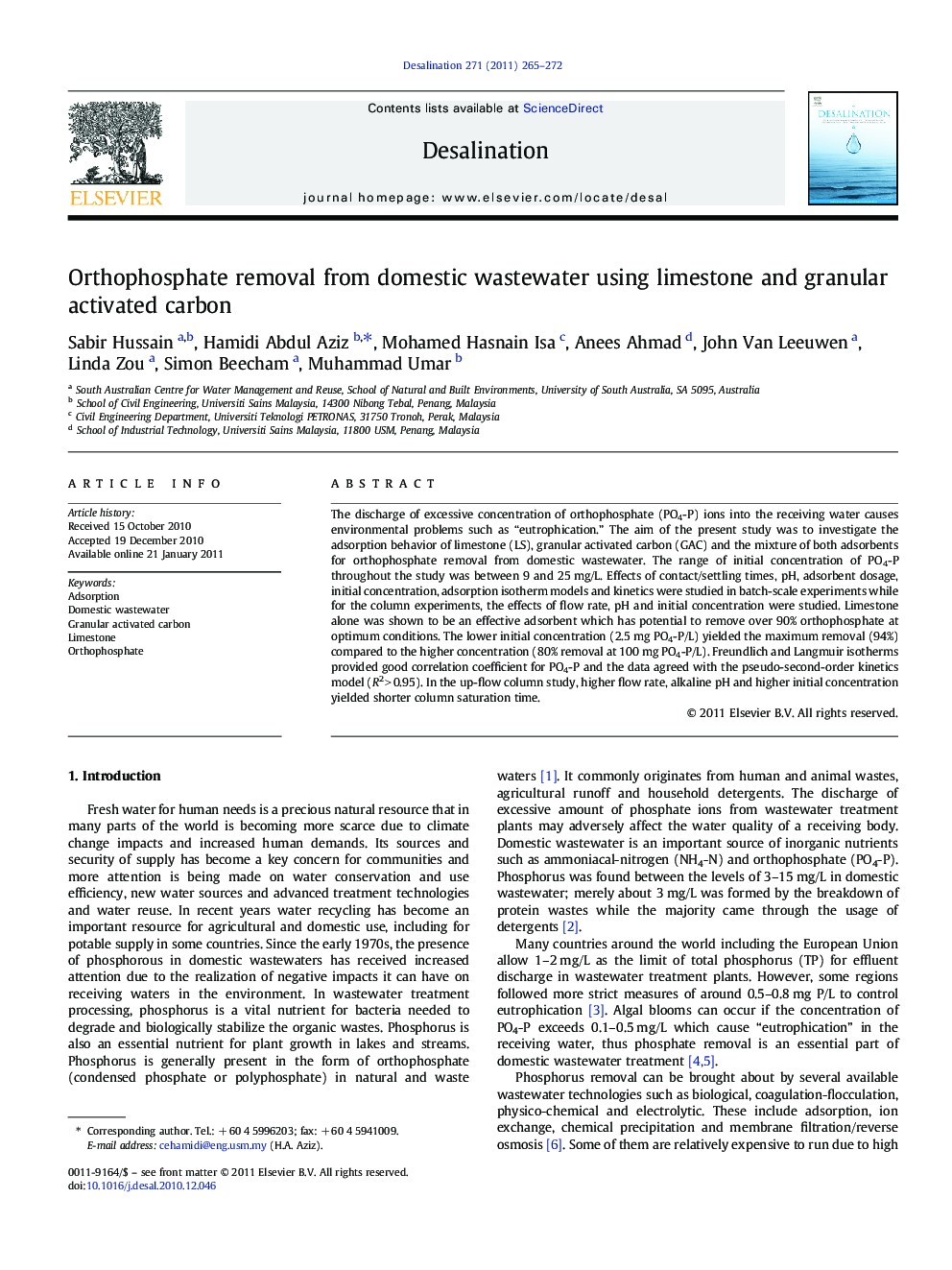 Orthophosphate removal from domestic wastewater using limestone and granular activated carbon