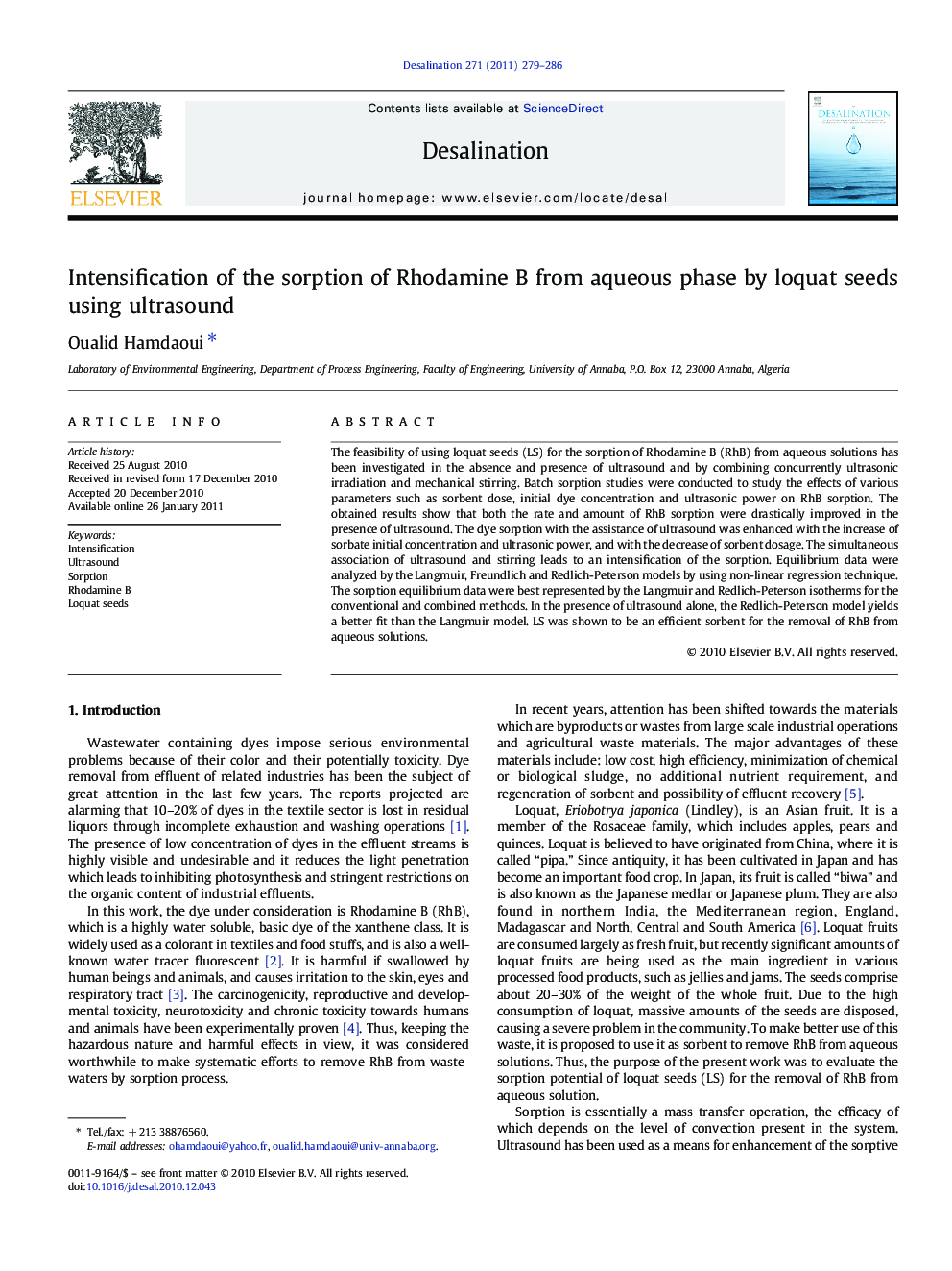 Intensification of the sorption of Rhodamine B from aqueous phase by loquat seeds using ultrasound