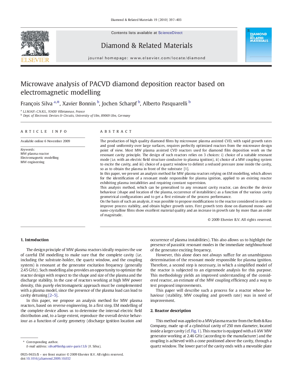 Microwave analysis of PACVD diamond deposition reactor based on electromagnetic modelling