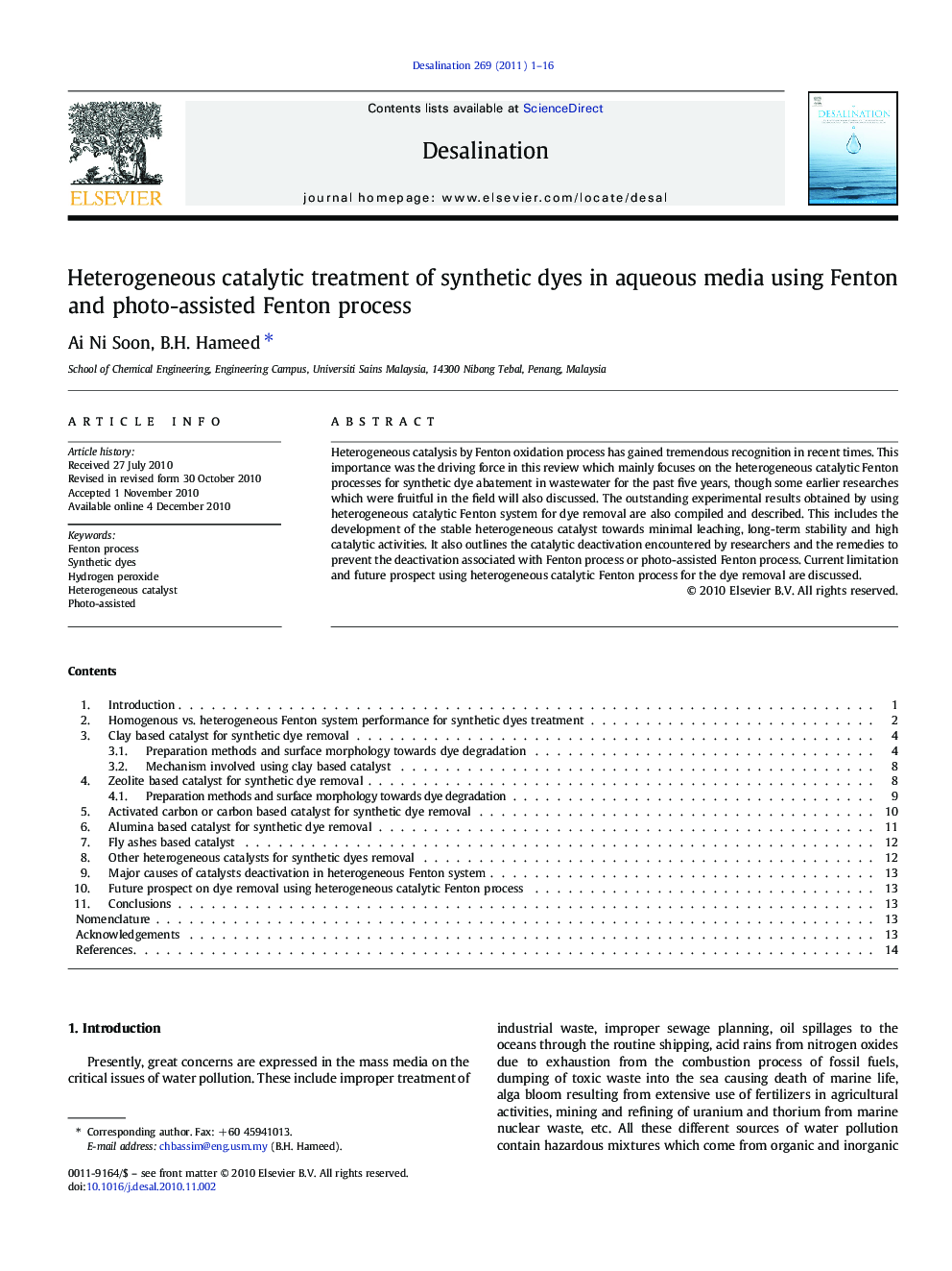 Heterogeneous catalytic treatment of synthetic dyes in aqueous media using Fenton and photo-assisted Fenton process