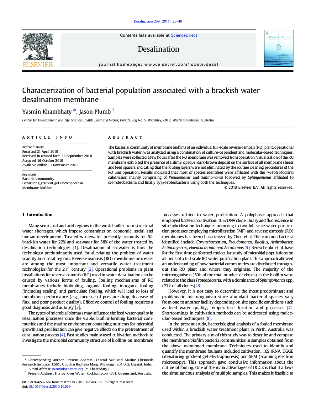 Characterization of bacterial population associated with a brackish water desalination membrane