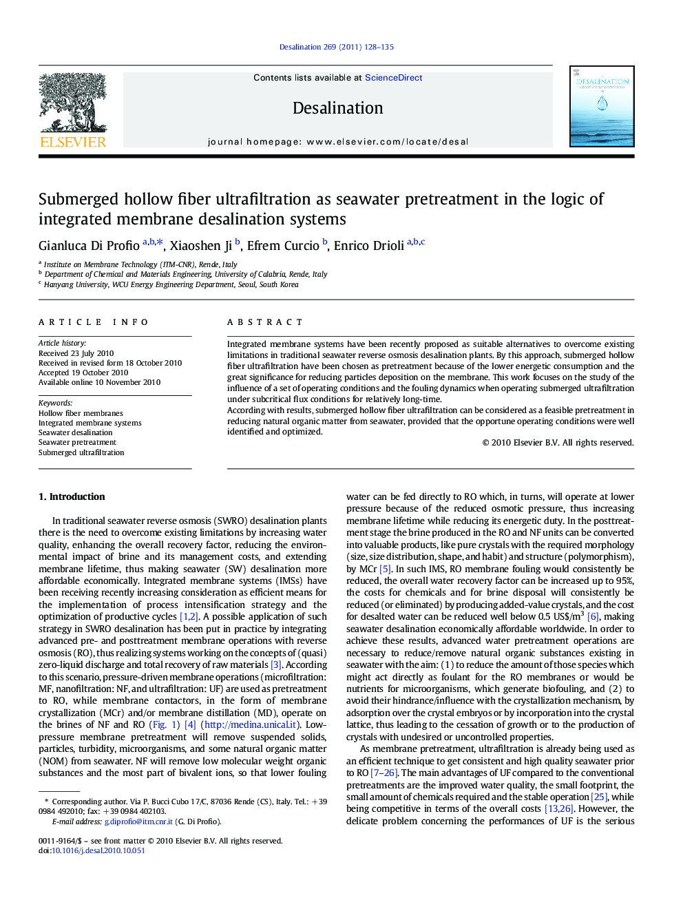 Submerged hollow fiber ultrafiltration as seawater pretreatment in the logic of integrated membrane desalination systems