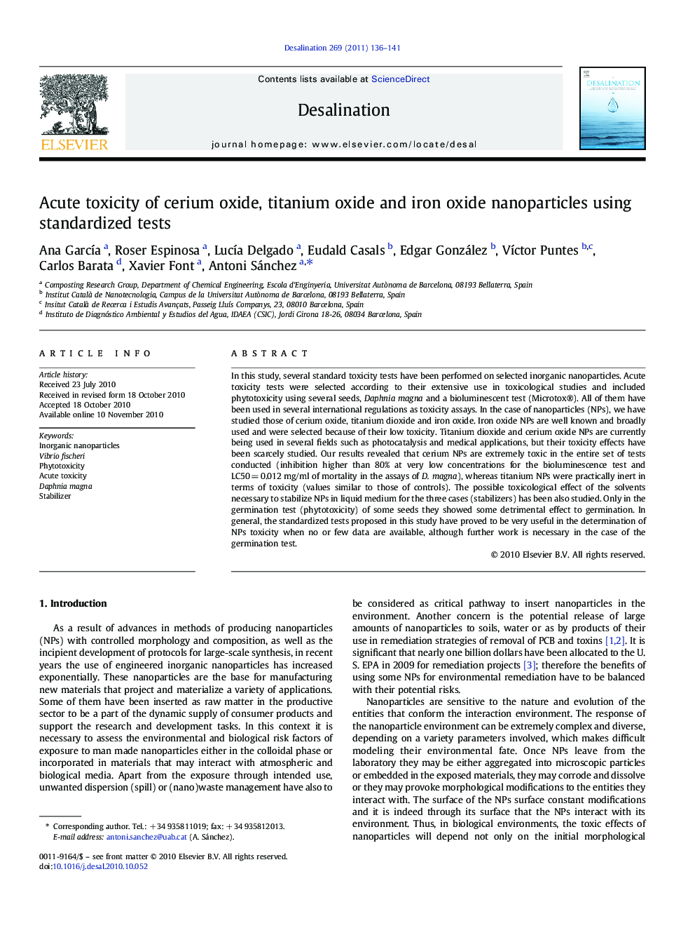 Acute toxicity of cerium oxide, titanium oxide and iron oxide nanoparticles using standardized tests
