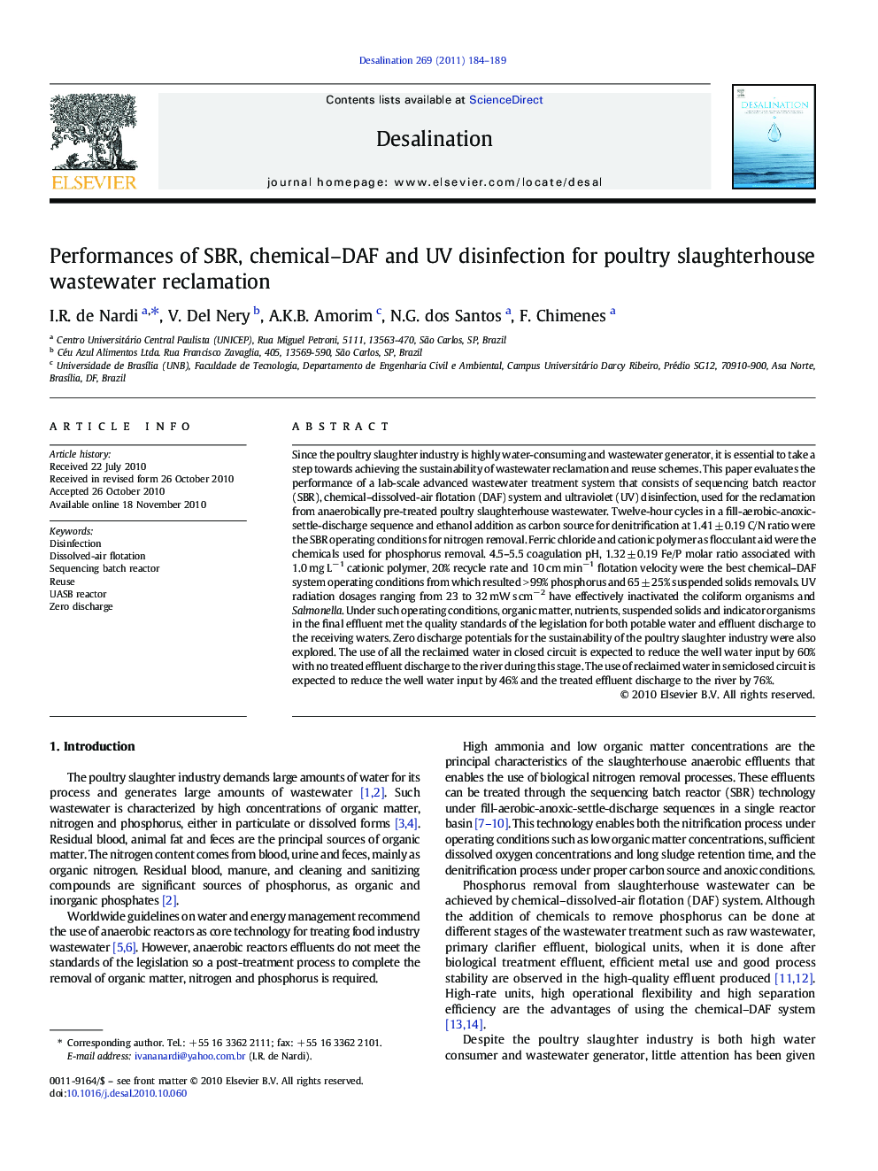 Performances of SBR, chemical-DAF and UV disinfection for poultry slaughterhouse wastewater reclamation