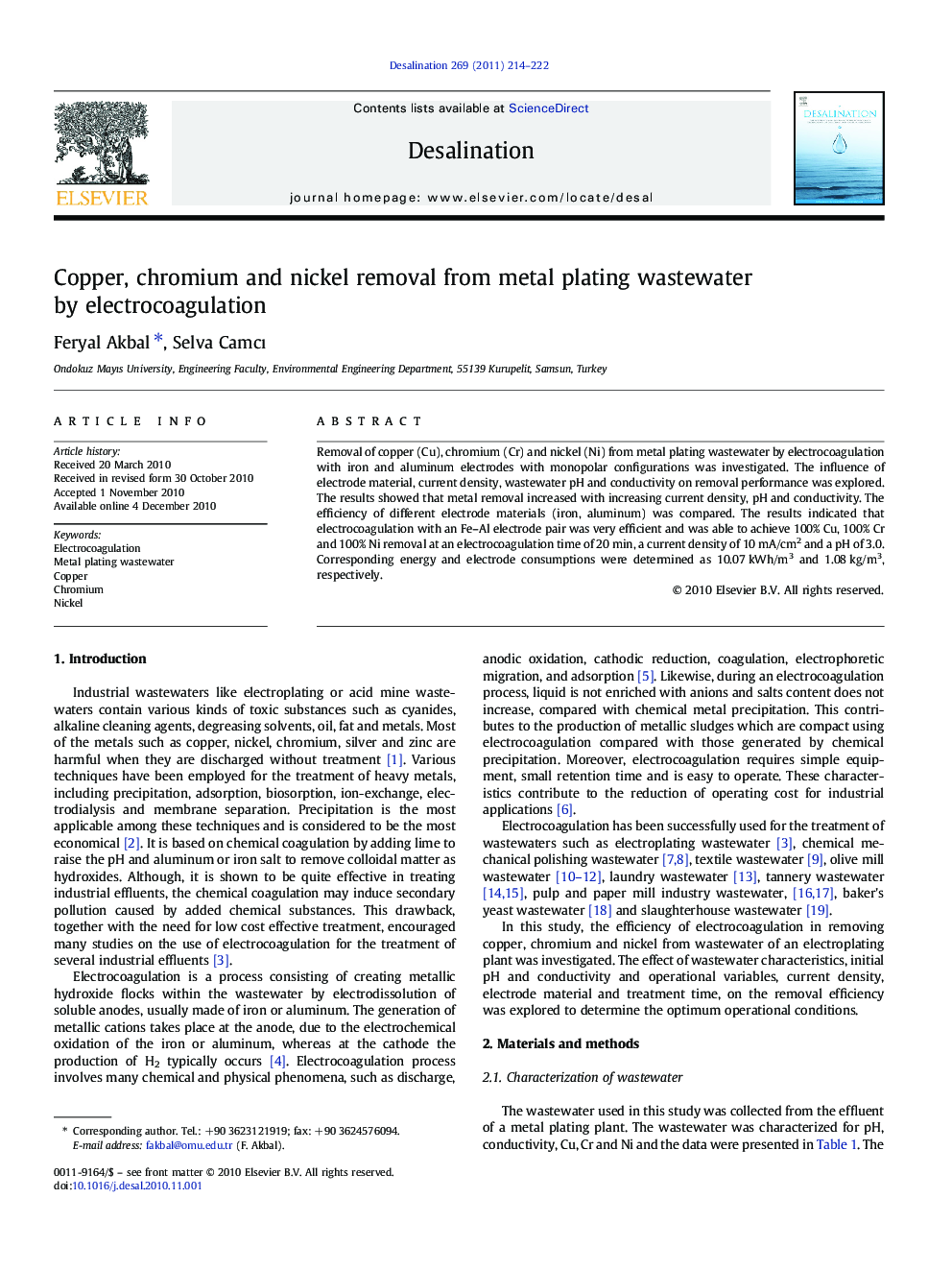 Copper, chromium and nickel removal from metal plating wastewater by electrocoagulation