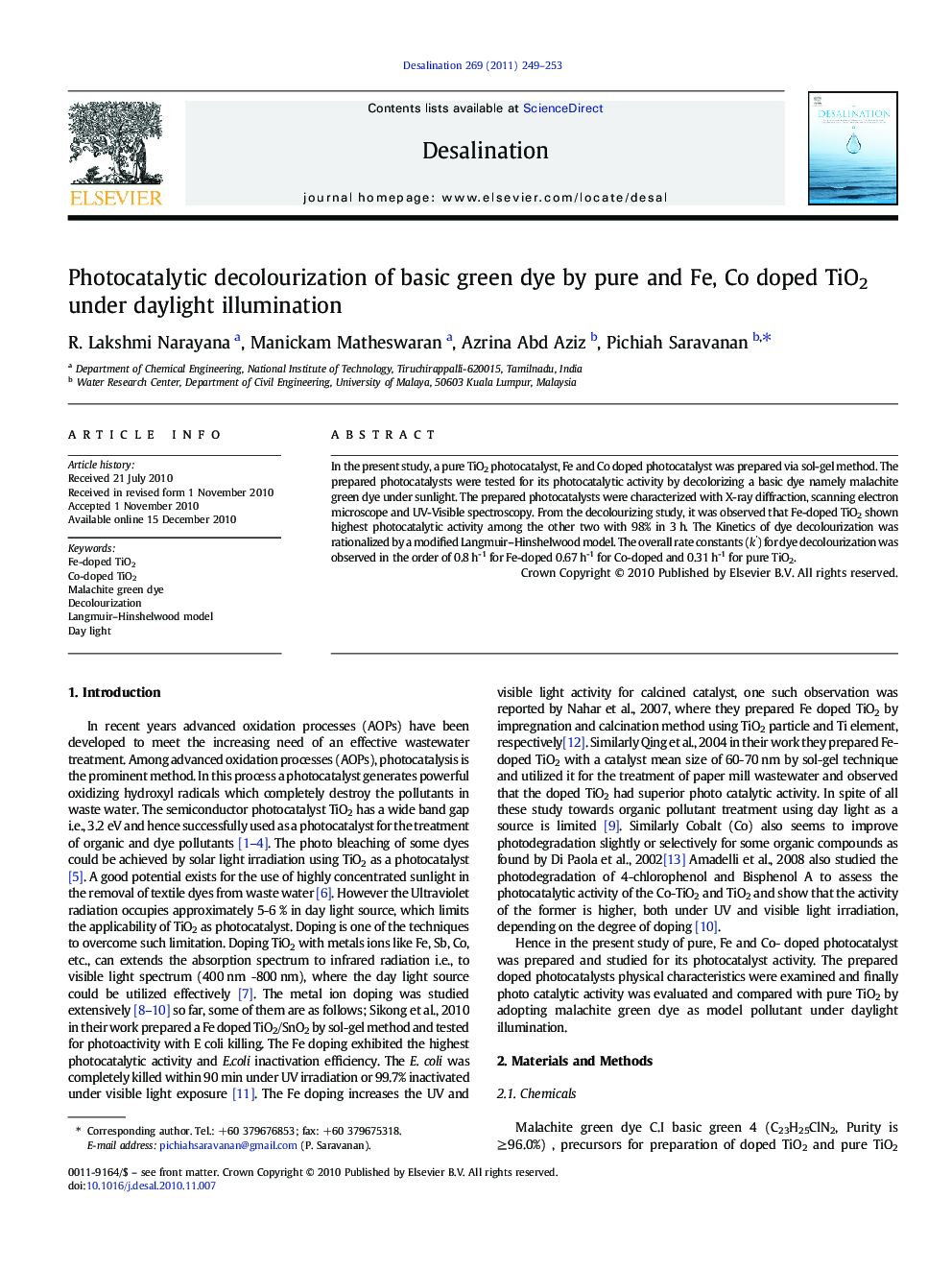 Photocatalytic decolourization of basic green dye by pure and Fe, Co doped TiO2 under daylight illumination