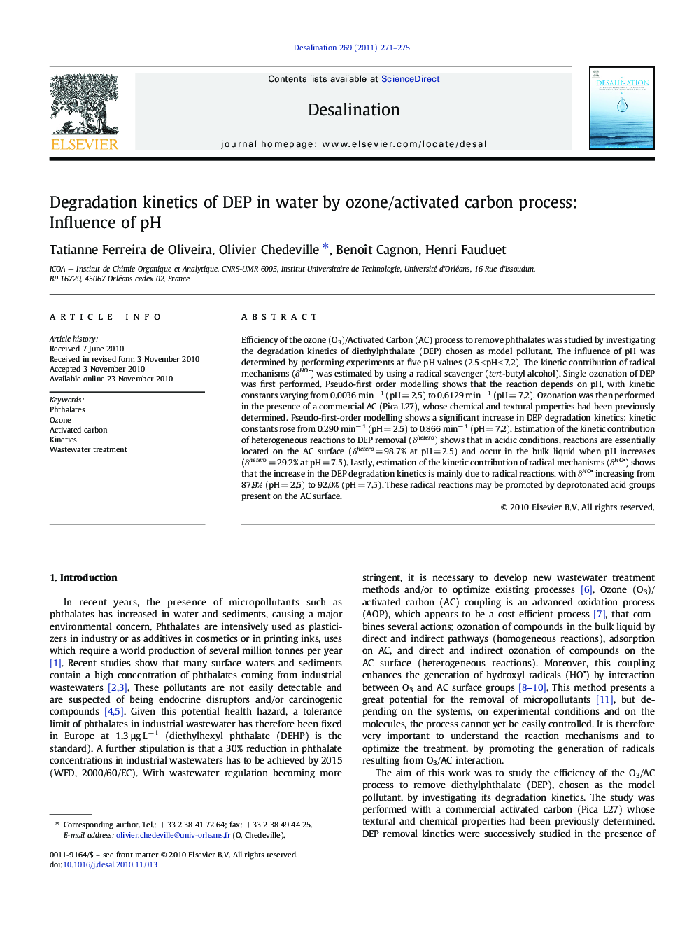 Degradation kinetics of DEP in water by ozone/activated carbon process: Influence of pH