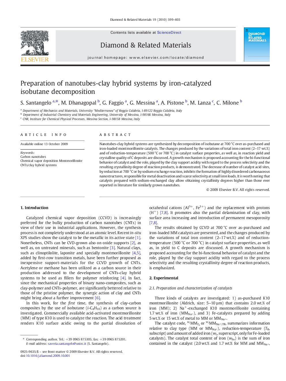 Preparation of nanotubes-clay hybrid systems by iron-catalyzed isobutane decomposition