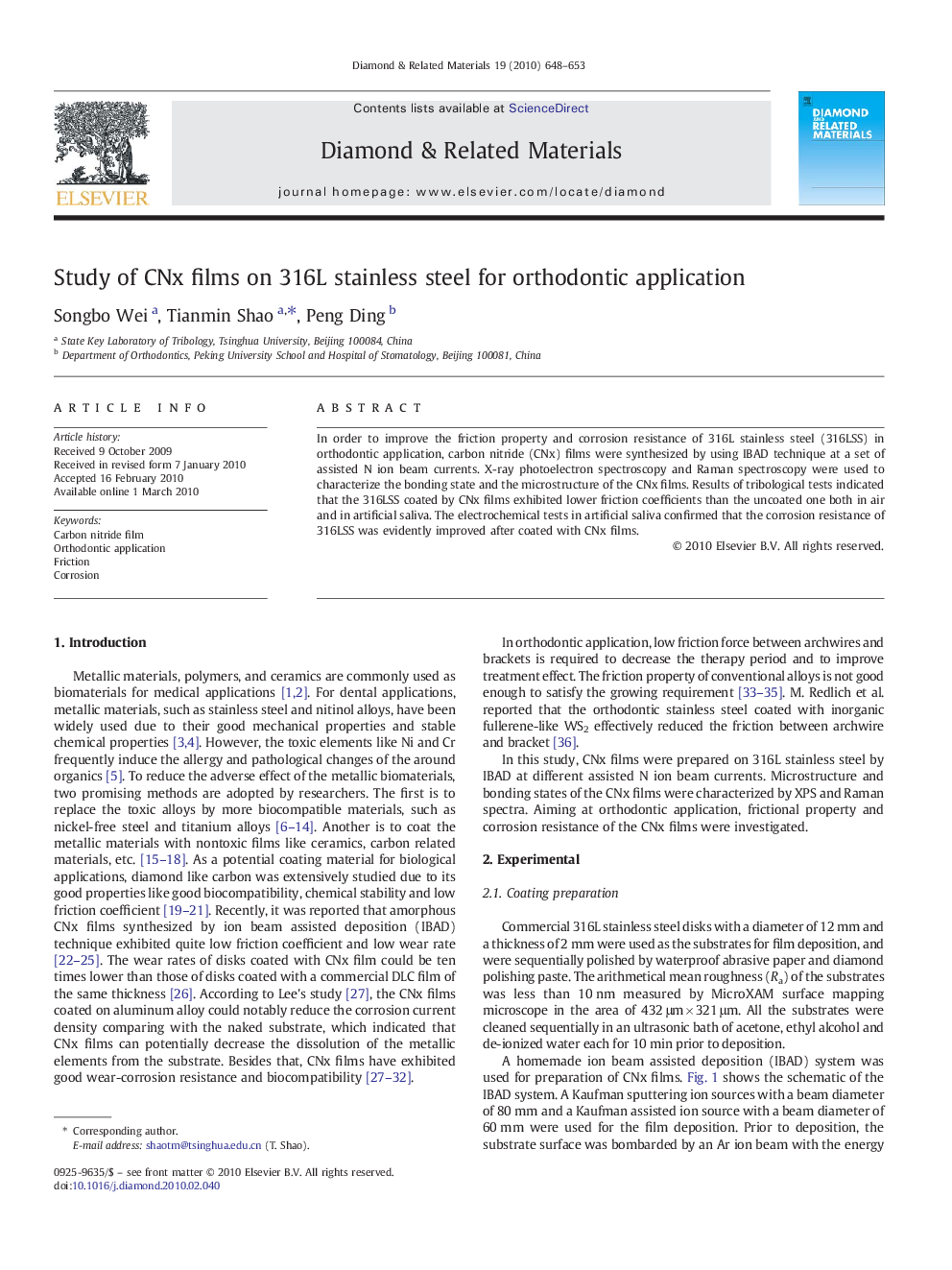 عکس صفحه اول مقاله: Study of CNx films on 316L stainless steel for orthodontic application Study of CNx films on 316L stainless steel for orthodontic application