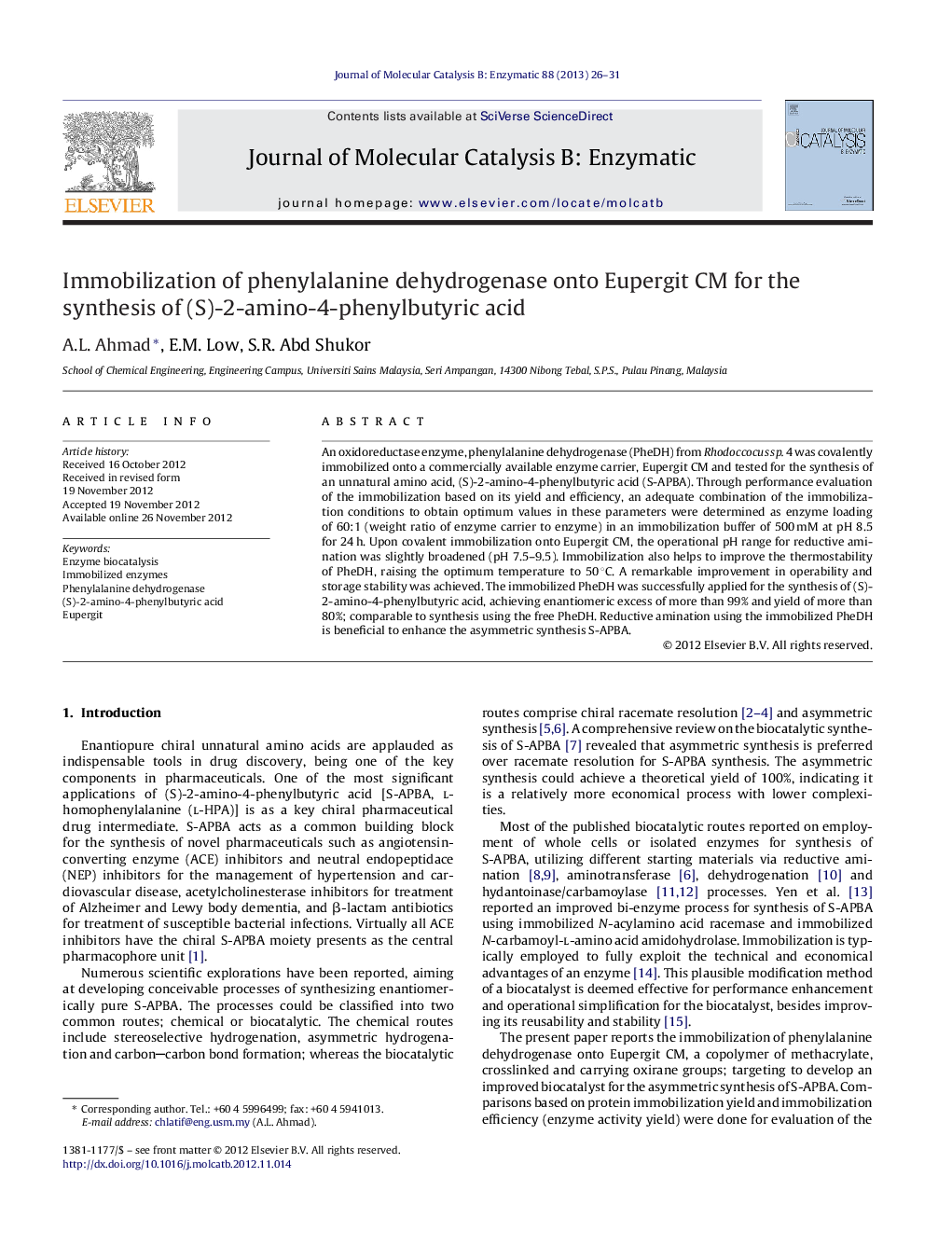 Immobilization of phenylalanine dehydrogenase onto Eupergit CM for the synthesis of (S)-2-amino-4-phenylbutyric acid