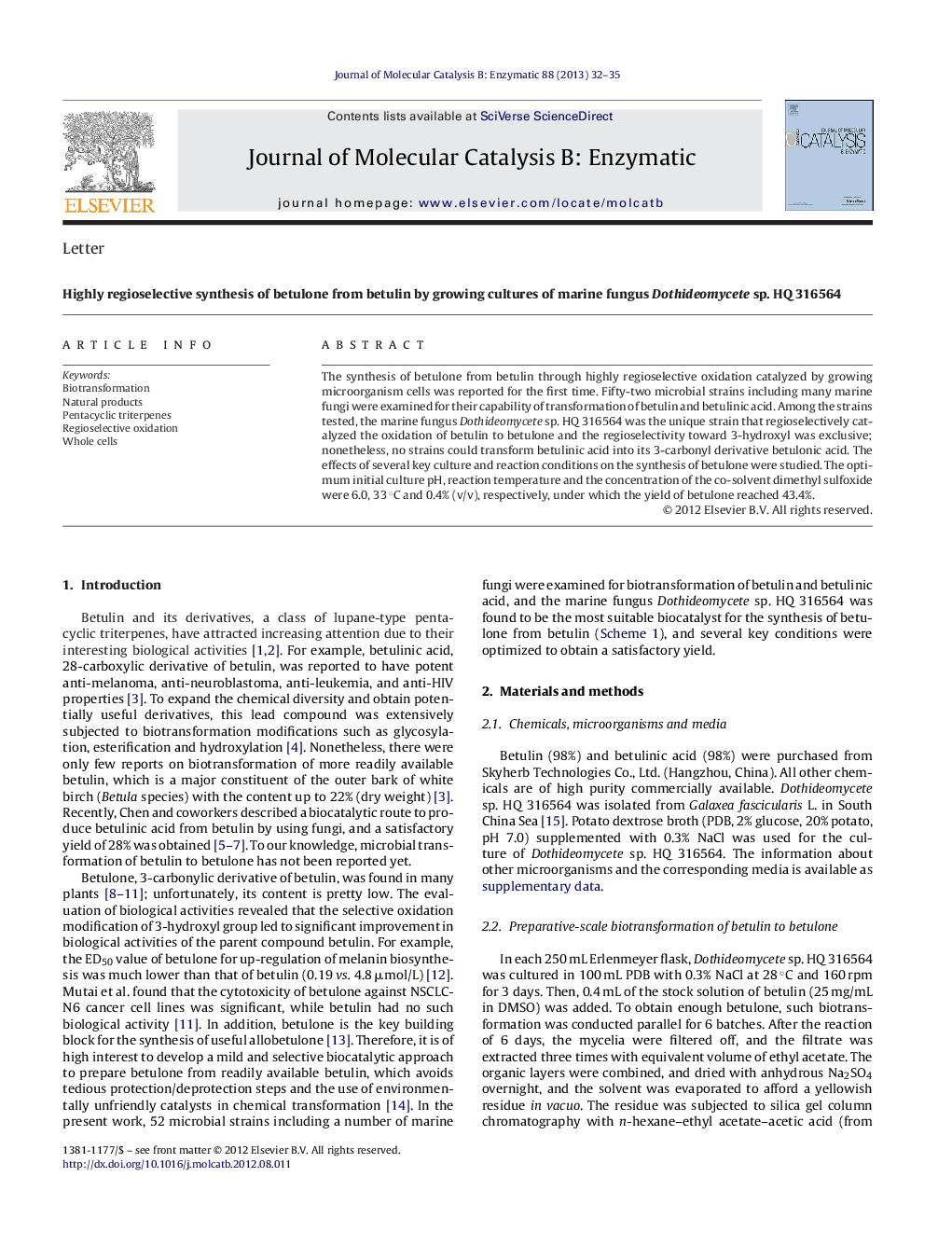 Highly regioselective synthesis of betulone from betulin by growing cultures of marine fungus Dothideomycete sp. HQ 316564