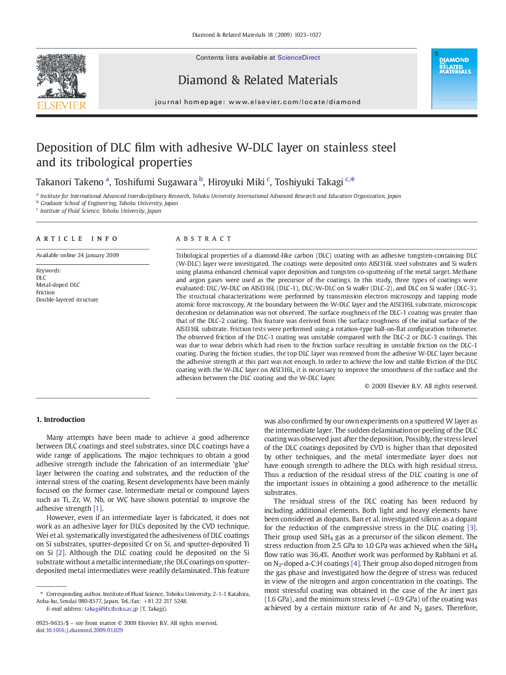 Deposition of DLC film with adhesive W-DLC layer on stainless steel and its tribological properties