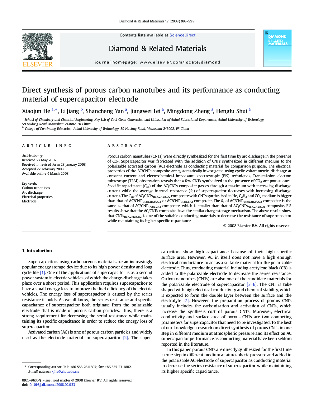 Direct synthesis of porous carbon nanotubes and its performance as conducting material of supercapacitor electrode