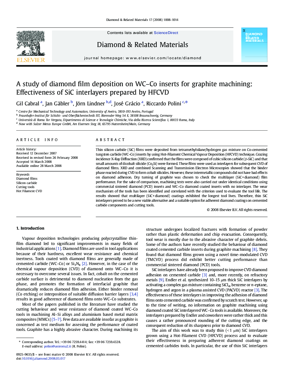 A study of diamond film deposition on WC–Co inserts for graphite machining: Effectiveness of SiC interlayers prepared by HFCVD