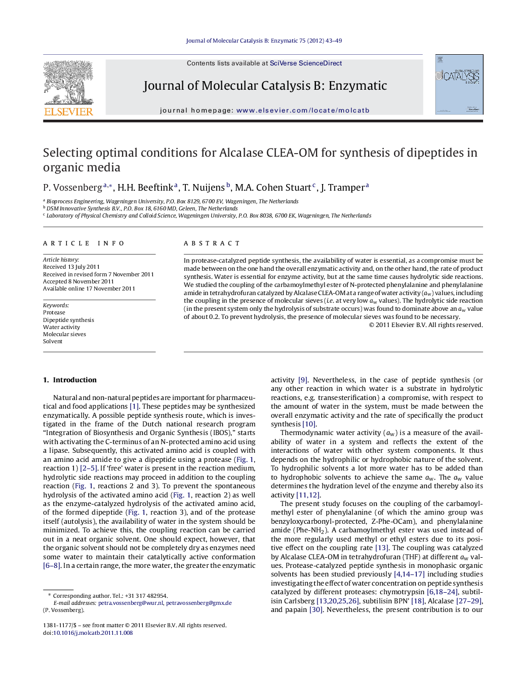 Selecting optimal conditions for Alcalase CLEA-OM for synthesis of dipeptides in organic media