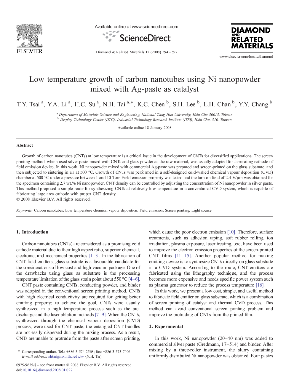 Low temperature growth of carbon nanotubes using Ni nanopowder mixed with Ag-paste as catalyst