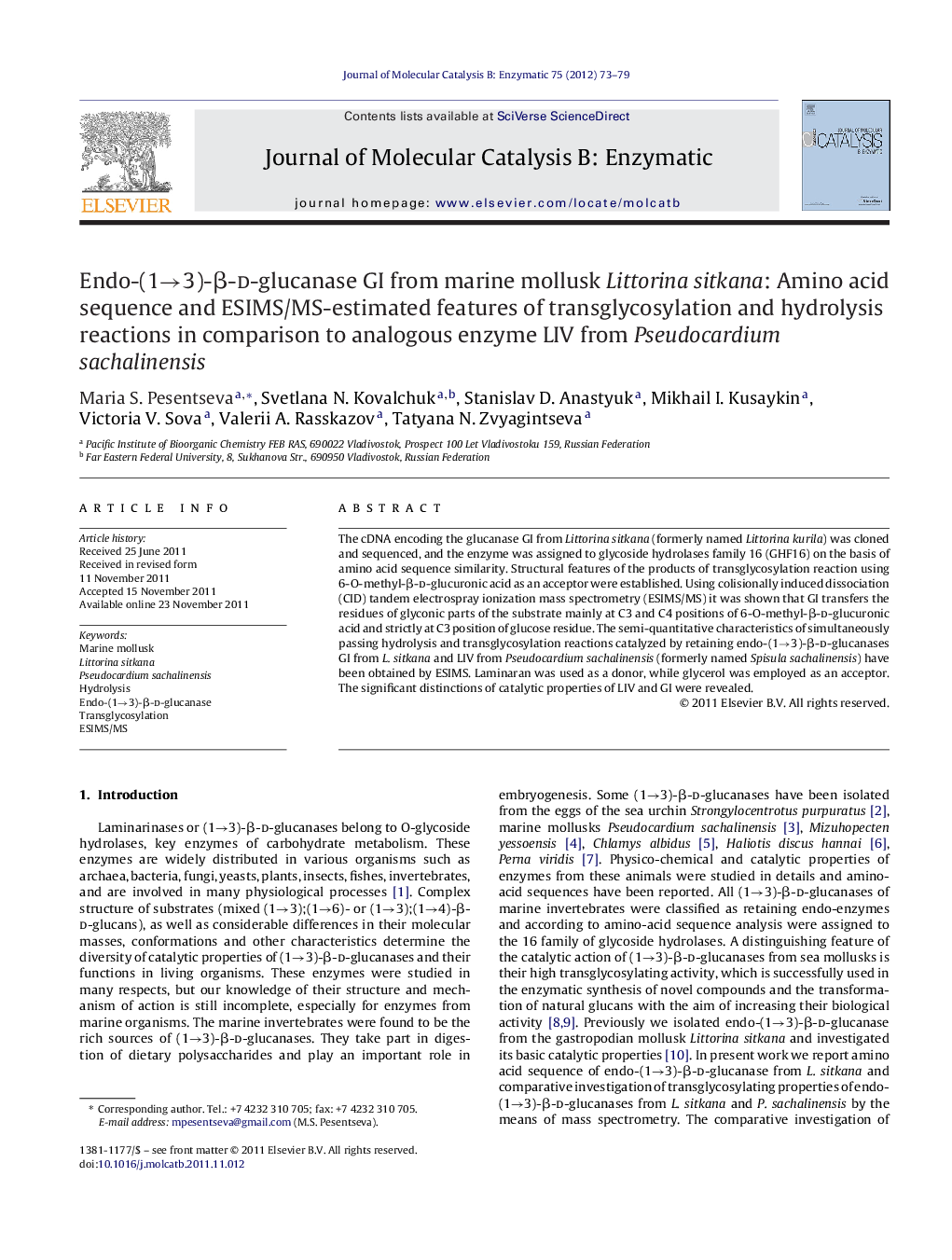 Endo-(1→3)-β-d-glucanase GI from marine mollusk Littorina sitkana: Amino acid sequence and ESIMS/MS-estimated features of transglycosylation and hydrolysis reactions in comparison to analogous enzyme LIV from Pseudocardium sachalinensis