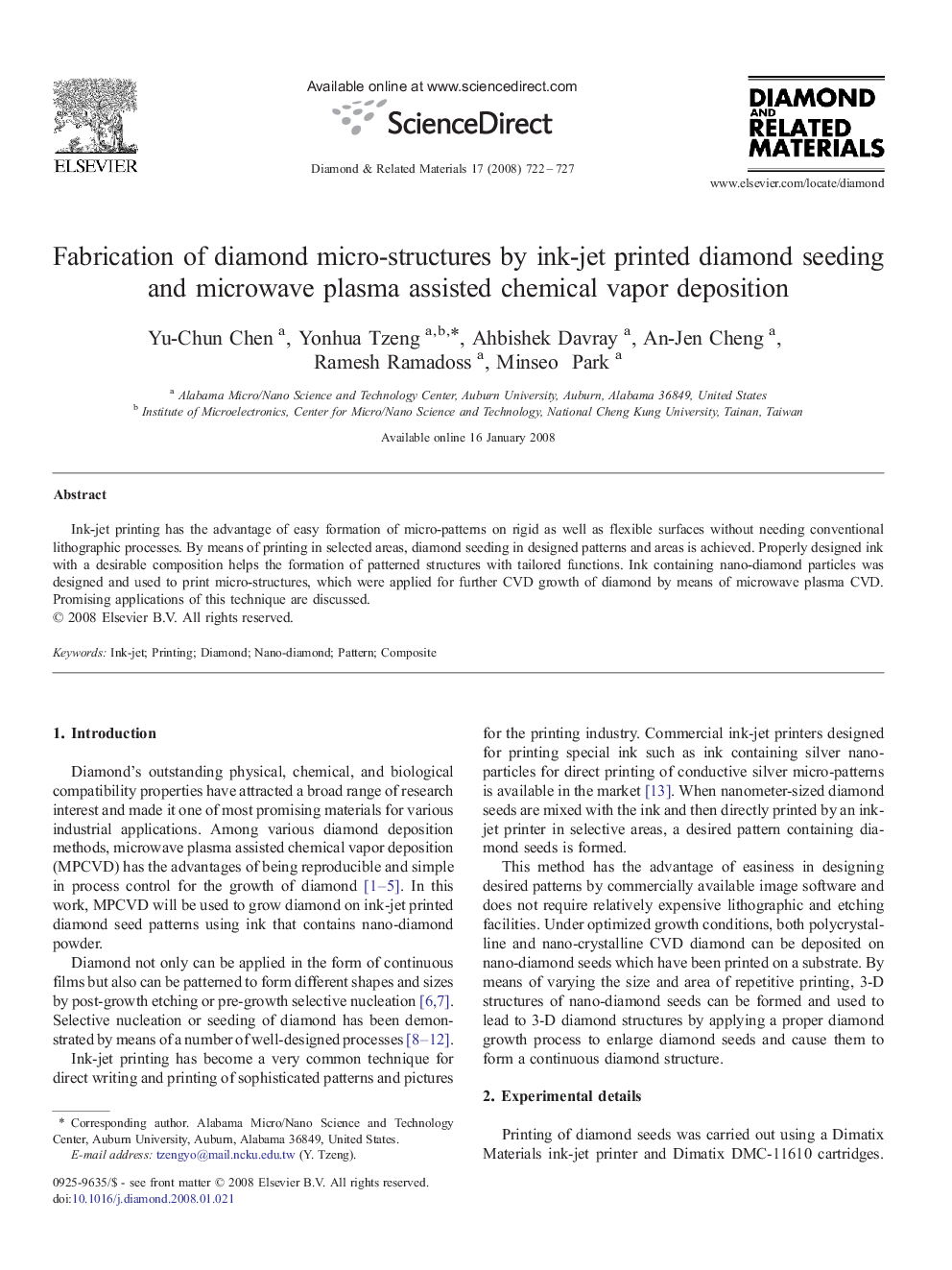 Fabrication of diamond micro-structures by ink-jet printed diamond seeding and microwave plasma assisted chemical vapor deposition