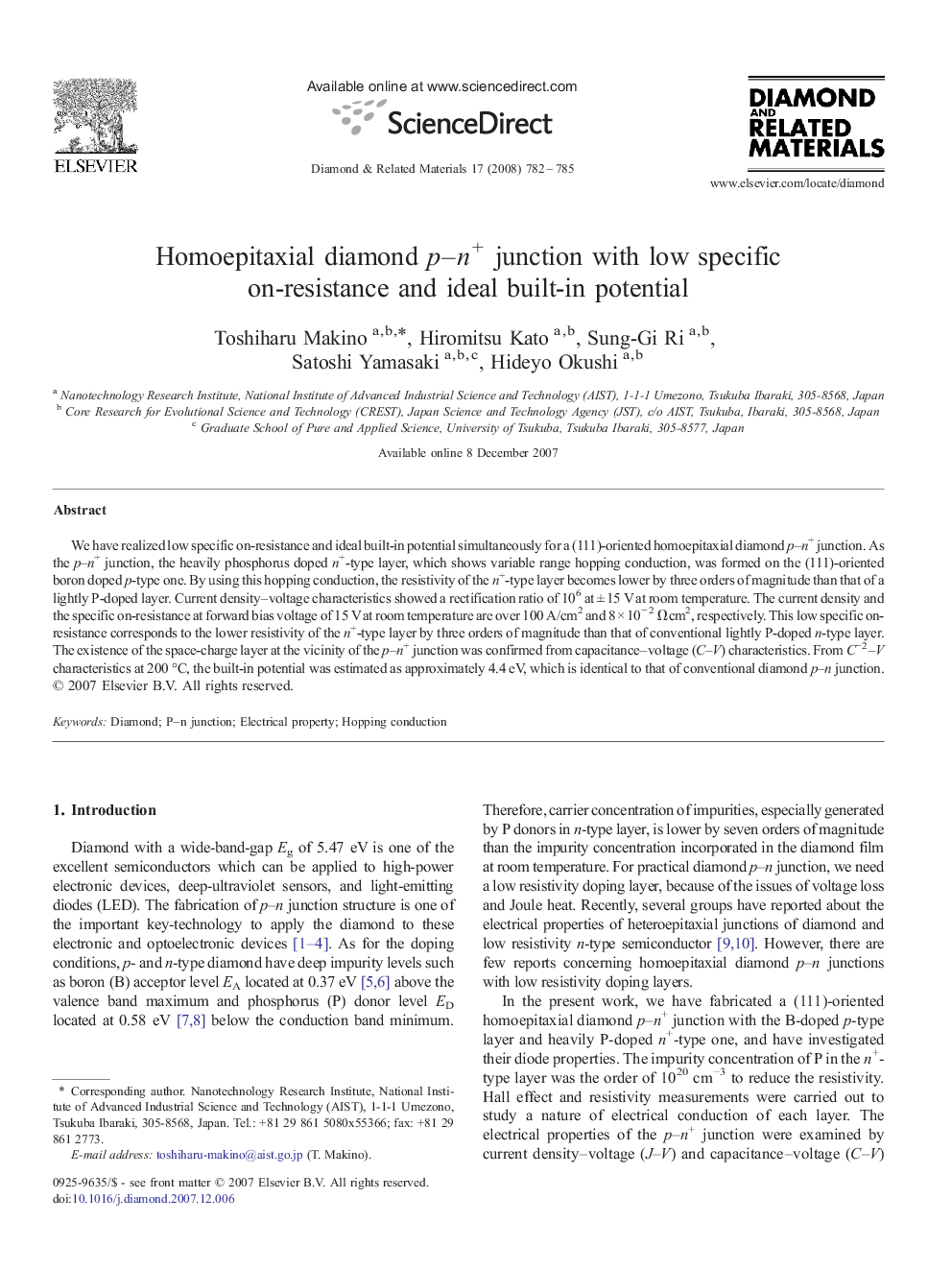 Homoepitaxial diamond p–n+ junction with low specific on-resistance and ideal built-in potential