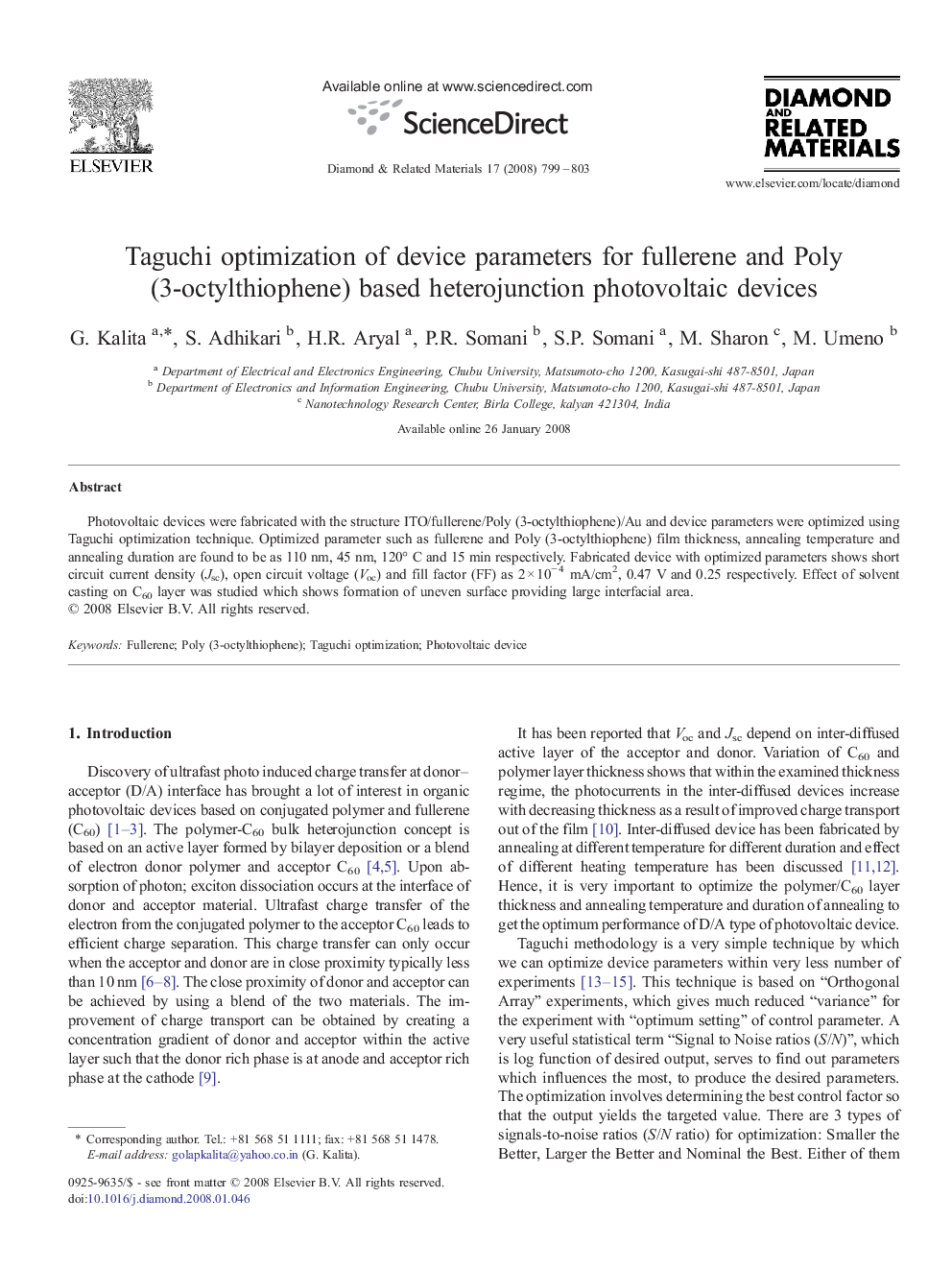 Taguchi optimization of device parameters for fullerene and Poly (3-octylthiophene) based heterojunction photovoltaic devices