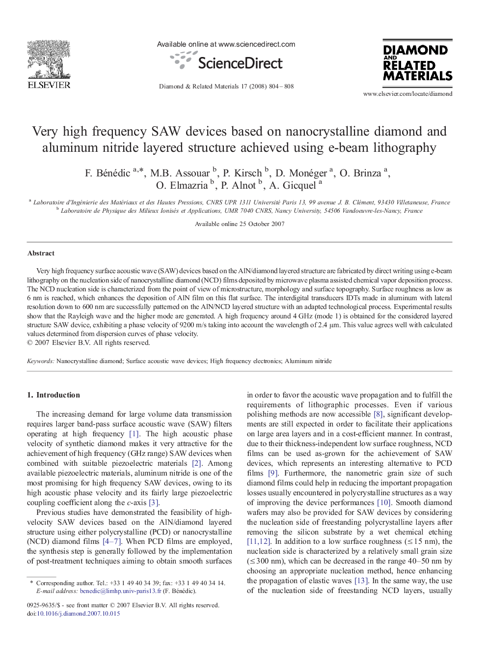 Very high frequency SAW devices based on nanocrystalline diamond and aluminum nitride layered structure achieved using e-beam lithography