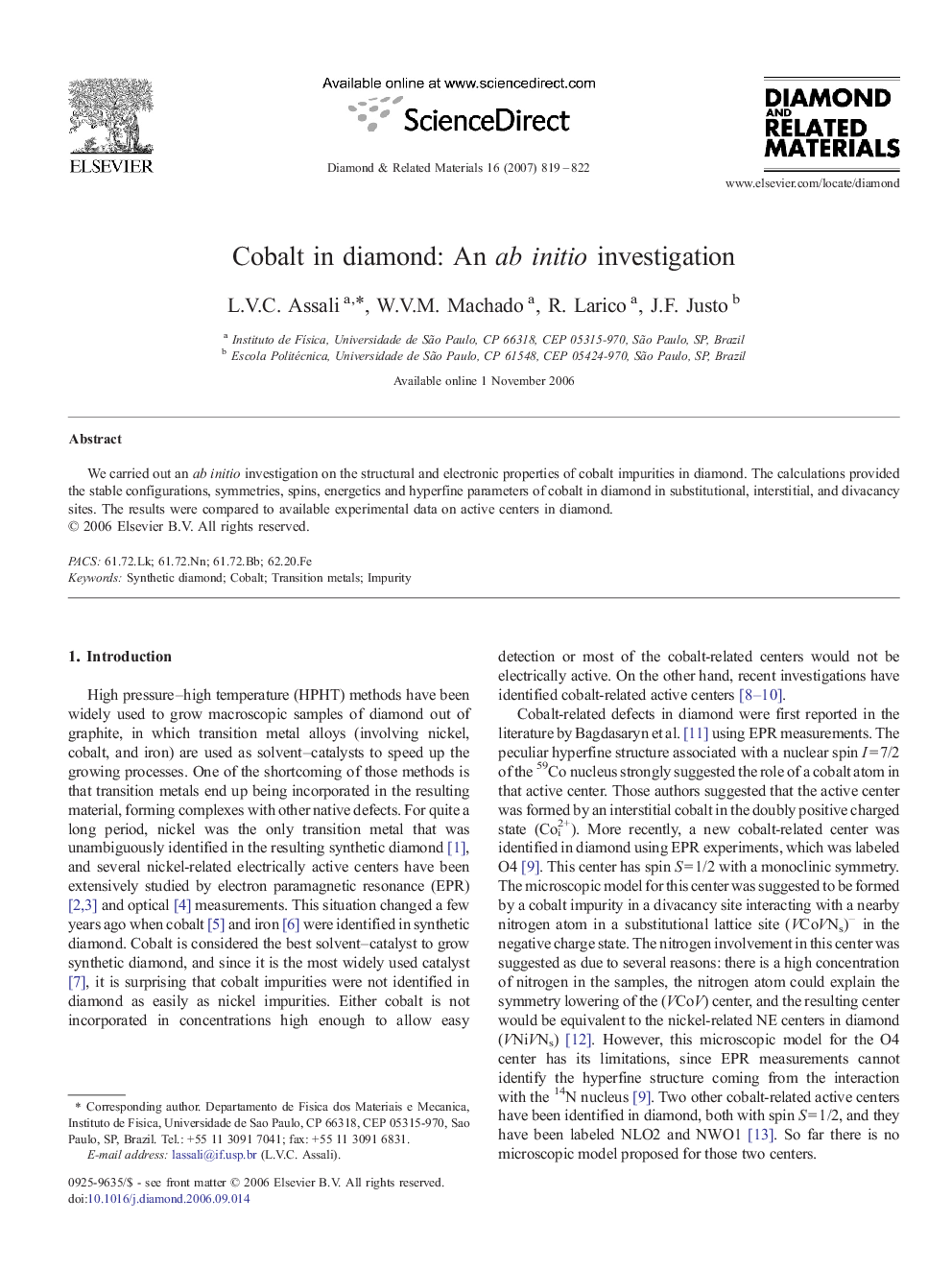 عکس صفحه اول مقاله: Cobalt in diamond: An ab initio investigation Cobalt in diamond: An ab initio investigation