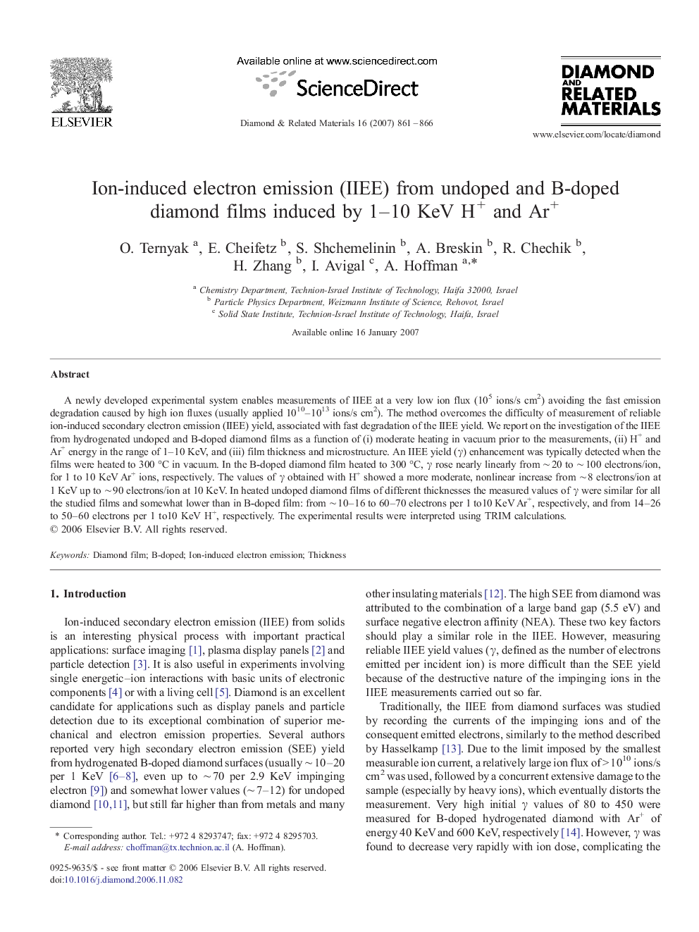 Ion-induced electron emission (IIEE) from undoped and B-doped diamond films induced by 1–10 KeV H+ and Ar+