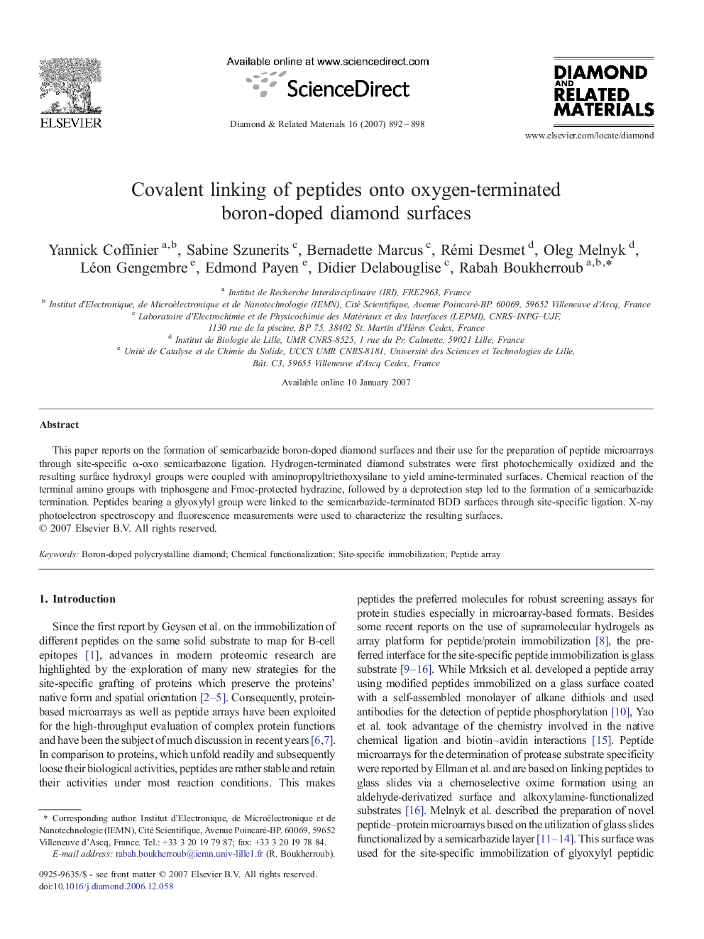 Covalent linking of peptides onto oxygen-terminated boron-doped diamond surfaces